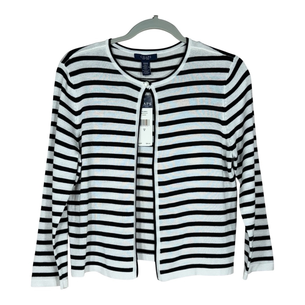 NEW CHAPS White with Black Stripes One Button Long Sleeve Cardigan Size M